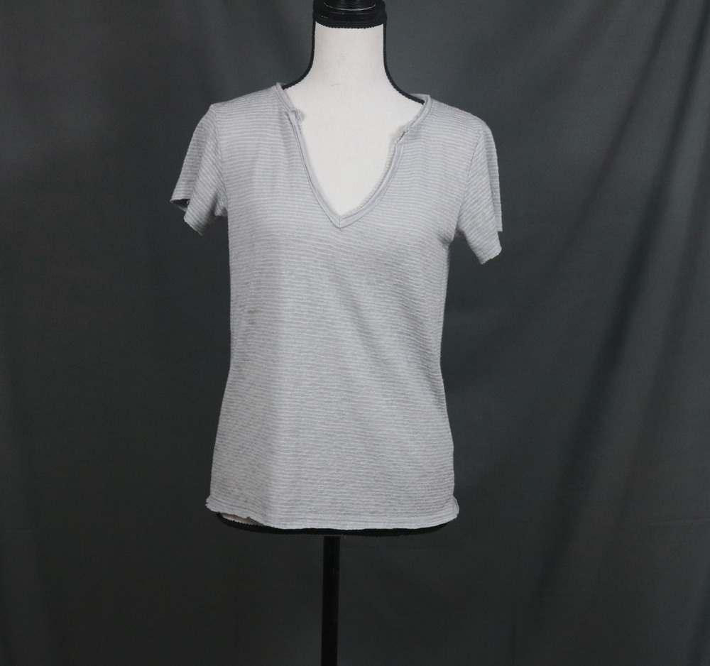 NEW PST Project Social T EVERYDAY Gray White Stripe V-Neck T-Shirt Knit Top SzS